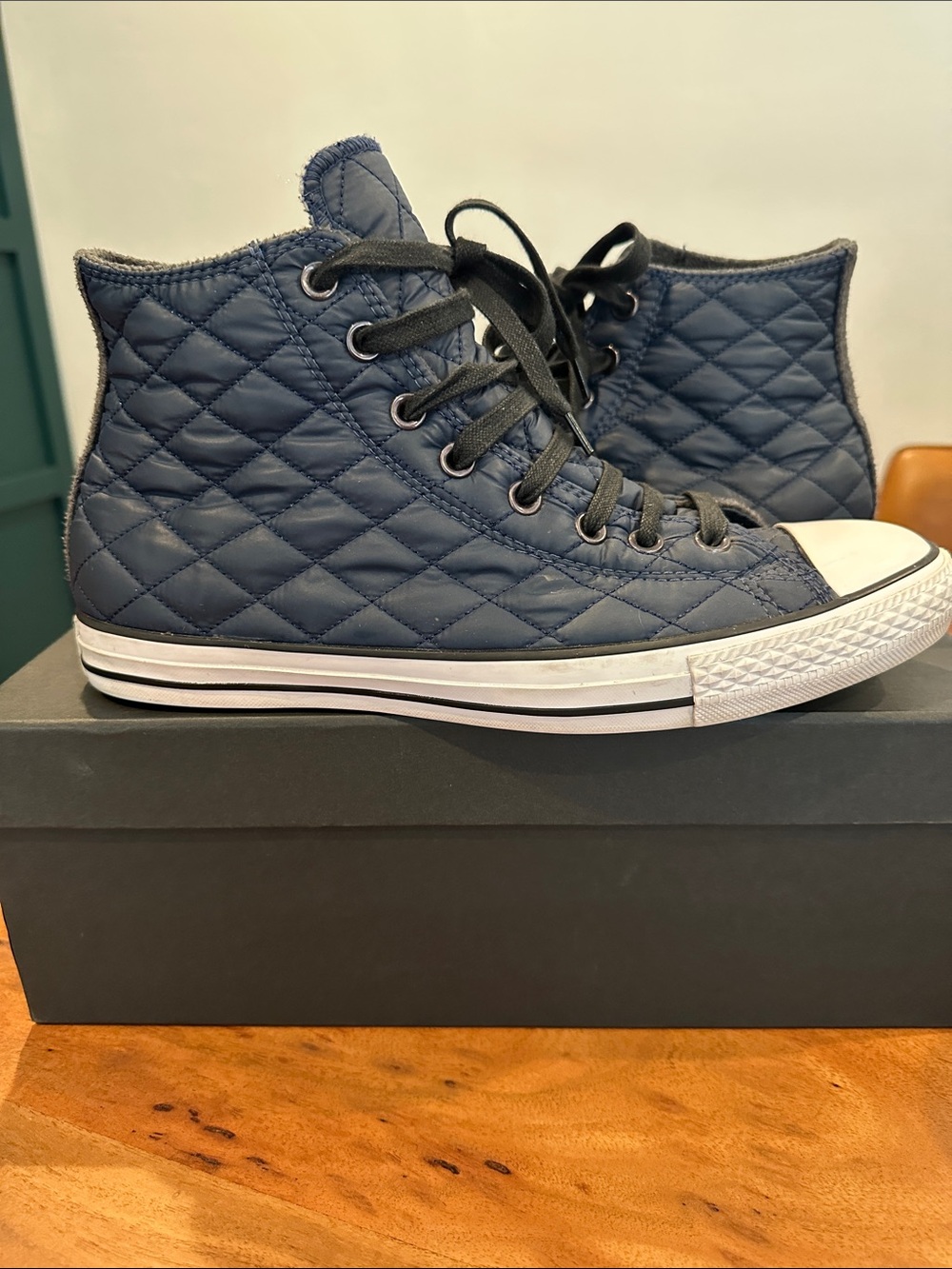 Quilted High-Top Converse Sneakers in Navy, with fleece lining.